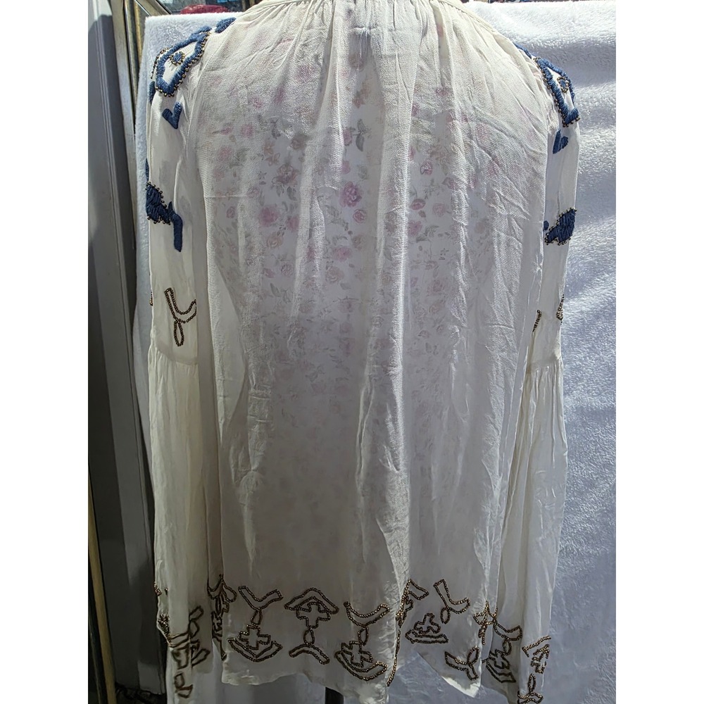 Boho Embroidered Beaded Bell Sleeve Tassel Peasant Blouse Romantic Cottagecore - Picture 7 of 9